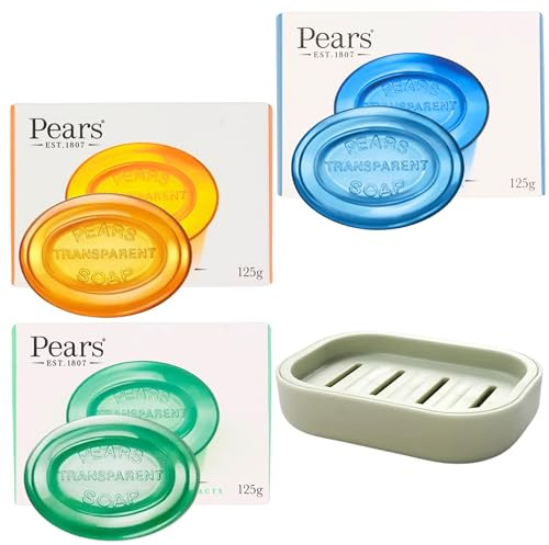 Soap Bar Bundle with 3x Pure & Gentle Pears Soap 125g (Natural Oil, Lemon Flower Extract, Mint Extract) Transparent Soap and 1x Glameno Soap Bar Holder