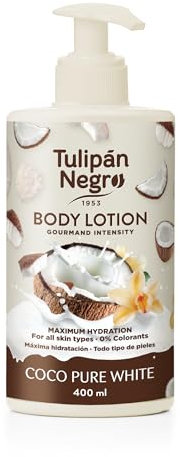 Tulipán Negro Loción Corporal con dosificador Coco Pure White, máxima hidratación 400 ml, intensamente perfumado y para todo tipo de pieles