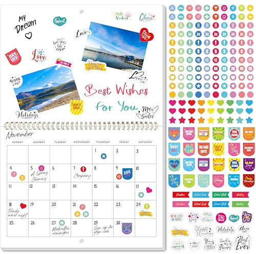 Calendario de Pared en Blanco para Scrapbooking, Calendario Mensual Colgante con Espiral, Calendario en Blanco DIY con 400 Pegatinas para Oficina, Hogar, Niños, Adultos