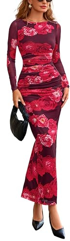 PRETTYGARDEN Women's Long Sleeve Bodycon Dresses 2026 Spring Sexy Floral Mesh Slit Ruched Tight Maxi Wedding Guest Dress(Red Flower,Large)