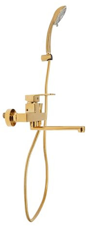 Czyurachel Sistema de ducha con grifo, juego de grifos de ducha, grifo giratorio, 4 modos de pulverización, alcachofa de ducha con manguera y soporte, juego de ducha, dorado