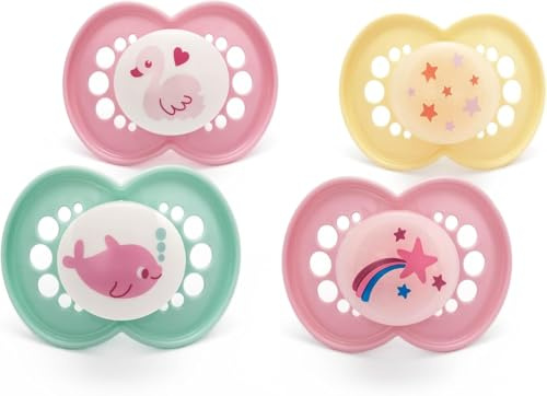 MAM Original Day & Night Dummies, 18-36M, 4 Pack, Pink | 2x Glow-in-the-Dark, SkinSoft Silicone Teat, Sustainable Materials, Baby Accessories (Designs Vary)