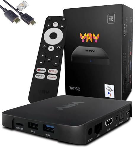VU+ Yay GO Android TV 4K UHD Streaming Box, Android TV 12, Chromecast intégré, Widevine L1, HDCP 2.3, 2 Go DDR3 RAM, 8 Go Flash, BT 4.2, USB 3.0, Wi-FI 1200 Mbit, câble HTS e-com HDMI