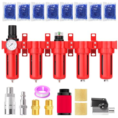 MEANLIN 1/2 NPT Industrial Grade 5 Stage Aluminum Air Drying System,Double Coalescing Filter,Particulate Filter,Double Desiccant Dryer and Air Regulator,Manual Drain For Plasma Cutter and Paint Spray