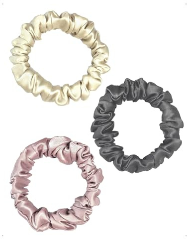 SanKristo 3 Coleteros mujer 100% seda pura de morera gomas el pelo 19 mommes 2cm, finas elásticas suaves no dañan el cabello reducen el encrespamiento y la rotura regalo niñas, blanco/rosa/gris