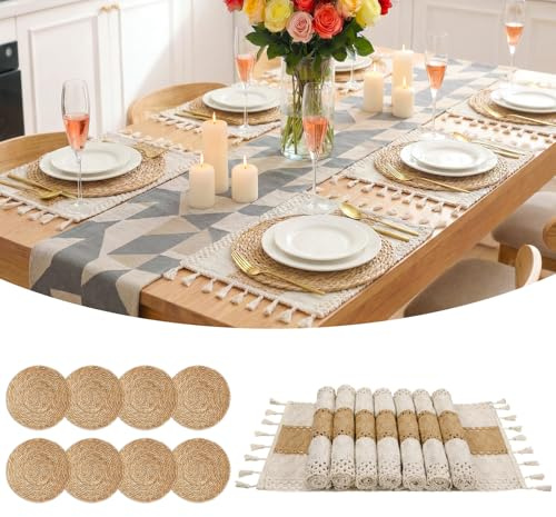 Placemats Set of 8 - Rattan Round Place Mats & 11.8” x 17” Cotton Braided Placemat for Dining Table Setting, Rustic Farmhouse Boho Wedding Decor, Wicker Woven Charger Dinner Plates, 16Pcs