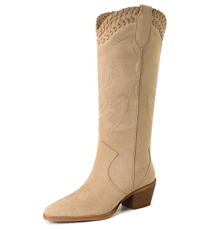 Reitoye Khaki Cowboy Boots Women Knee High Cowgirl Embroidered Boots,8