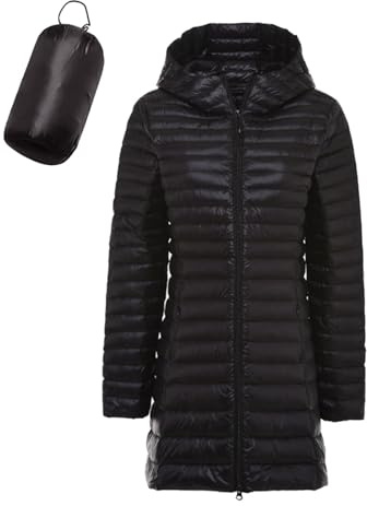 Chaqueta de plumas para mujer, larga, plegable, impermeable, ligera, suave, con capucha, acolchada, cálido, chaquetas de senderismo, Anorak Parka Duvet para mujer, 001-negro, XXXL