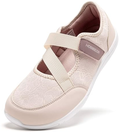 HOBIBEAR Zapatos Mary Jane Barefoot para Mujer Puntera Ancha Suela Zero Drop Diseño Minimalista Cierre de Velcro Ajustable Zapatos para Caminar(Rosa,EU 38)