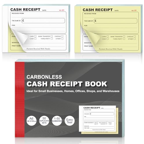 1 Pack Receipt Book A6 Cash Receipt Book Duplicate Numbered 1-50 per Book 52gsm Carbonless NCR Invoice Book Microperforated Tear Out for Self Employed Small Business Home Office Charity Shop Warehouse