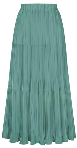 Kate Kasin Women's Pleated A-line Maxi Skirts Chiffon Layered Flowy Elastic Waist Skirt Spring Summer Casual Outfit Gray Green XL