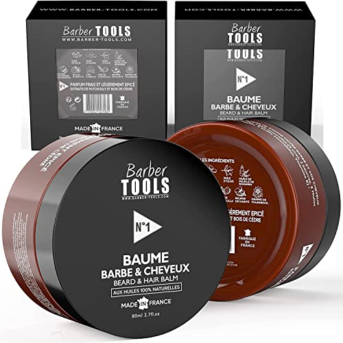 Baume Barbe & cheveux | N°1 | aux huiles 100% naturelles -FABRIQUÉE EN FRANCE- Nourrit, Hydrate, structure. À base de 2 cires, 2 beurres, 5 Huiles Végétales, 2 huiles essentielles, Vitamine E (80 ml)