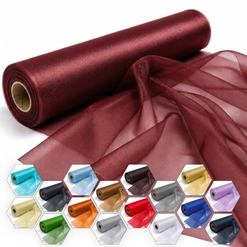 Trimming Shop Burgundy Snow Sheer Organza Roll 25m x 29cm Glitter Sashes | Table runner, chair bow and swags fabric for wedding décor, parties and ribbon craft projects