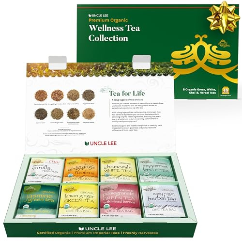 Uncle Lee’s Organic Tea Variety Gift Set – Wellness Collection with 8 Teas (6 Bags Each) in a Premium Gift Box, 3.3 Oz (48 Tea Bags)