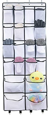SIOLOME Over The Door Shoe Organizer, 16 Mesh Pockets Hanging Shoe Organizer+ 4 Large Mesh Storage Shoe Rack Holder with 4 Hooks for Bathroom, Bedroom, Closet (21.6 X 62 in)