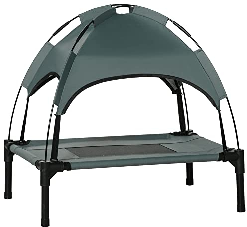 PawHut Erhöhtes Hundebett mit Baldachin, Haustierbett, Hundeliege Outdoor mit Dach, Atmungsaktiv, Taftstoff für Camping Grau 61 x 46 x 62 cm