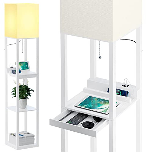 SUNMORY Lampara de pie Madera con 3 Temperaturas De Color, 2 Puertos de Carga USB y 1 Cajón, Lampara de Pie de Estar, Dormitorio, Oficina, Decoración Salon, Lamparas de Pie Blanco (Bombilla Incluida)