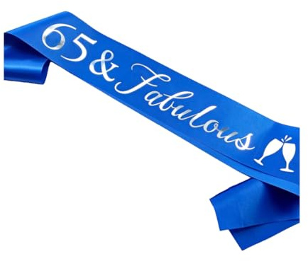 Emma's Outlets 65 & Fabulous Sash, Blue and Silver, 65th Birthday Decorations, Party Accessories for Birthday Girl, Boy and Queen
