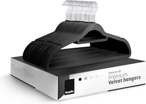 KEPLIN Adult Size Velvet Hangers, Non-Slip & Tie Bar - Black, 50 Pack | 360° swivel hook, holds up to 4.5kg, space-saving, non-slip velvet, ideal for suits, jackets & coats