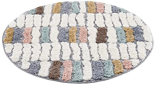 payé Teppich Rund - Hochflor Weich - 120x120cm - Boho Design - Pastellfarben Multi - Stein Optik Abstrakt - Skandinavisch Flauschig - Schlafzimmer Dekoration