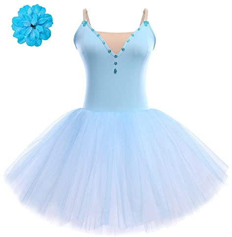 Odizli Robe de ballet pour femme à bretelles spaghetti - Robe de danse en tulle - Robe de ballet et à cheveux, bleu, XL