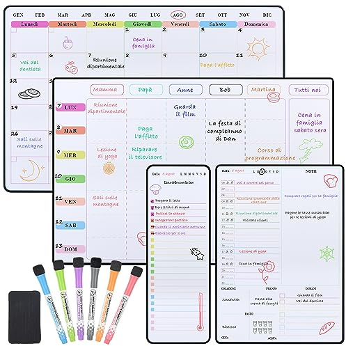 POPRUN Pizarra blanca magnética, planificador familiar, planificador semanal, planificador mensual, planificador diario, lista de tareas borrables, 4 unidades en italiano