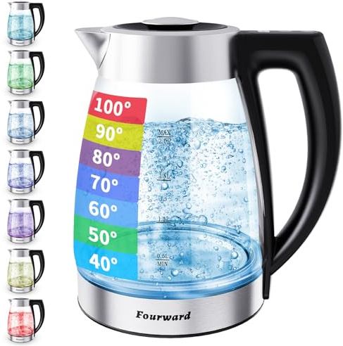 Fourward Wasserkocher – 2.0L 2200Wall Glas Kettle mit Temperaturwahl, BPA frei, Digitale Temperaturanzeige und LED-Beleuchtung
