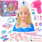 52PCS Schminkpuppe Frisierkopf Kinder Puppenkopf mit Krone Haartrockner Glätteisen Haarnadeln Schminke Haarstyling Zubehör Hairdressing Kinderschminke Spielzeug Geschenk für Mädchen ab 3 4 5 6 Jahre