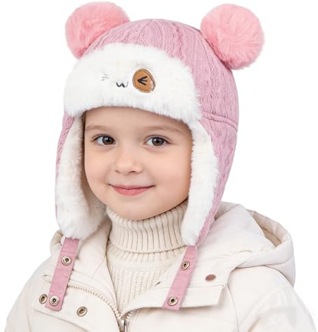 ITODA Bonnet Hiver pour Enfant Chapeau Chaud pour Bébé en Tricot Doublé de Polaire Cagoule Hiver avec Pompon pour Filles Garçons Bonnet Tricoté Hiver Chaud Épais pour Les Enfants 5-36 Mois, Rose
