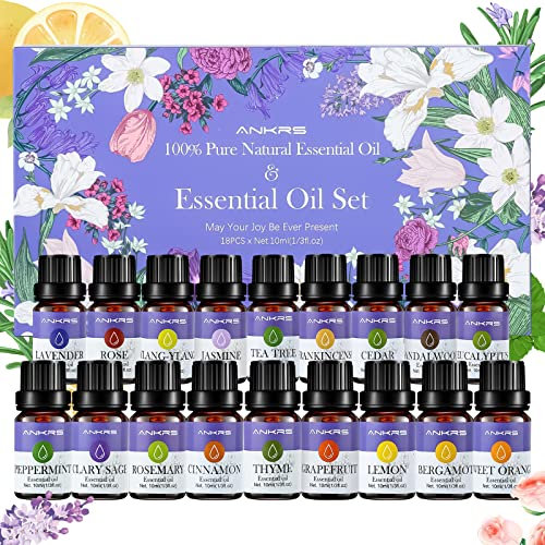 Set de Aceites Esenciales Ankrs 18 x 10 ml, 100% Naturales para Difusor de Aromaterapia, Aceites Esenciales para Aromaterapia, Relajación, Fabricación de Jabón, Fabricación de Velas