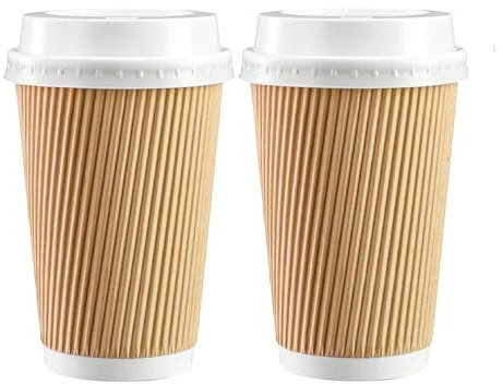 Sunrise Packaging 50 x 12oz Kraft Ripple Coffee Cups with LIDS 340ml | Eco-Friendly Insulated Brown Hot Drinks Cups (12oz Cups with LIDS)
