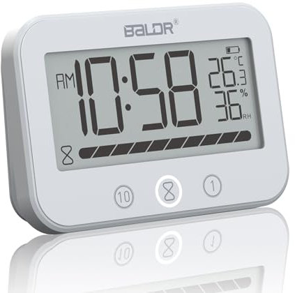 ALEENFOON Orologio da Bagno Digitale, Orologio da Doccia Impermeabile IP54 con Temperatura e Umidità, Conto alla Rovescia da 99 Minuti con Allarme, Ampio Timer LCD con 2 Ganci Adesivi e 2 Ventose