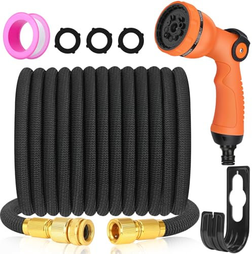 Expandable Garden Hose Pipe 100ft - Flexible Expanding Water Hose with 10 Pattern Spray Gun, 3/4 and 1/2 Metal Fittings, Durable Latex Retractable Hose Pipe, for Outdoor, Gardening