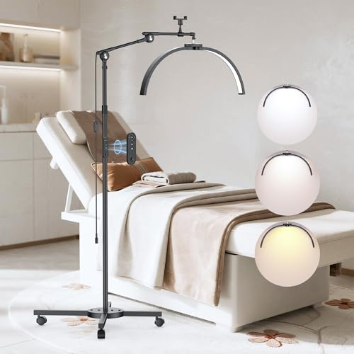 STASUN Lámpara de Pestañas Media Luna, Lámpara LED Plegable, Lámpara de Pie Regulable de 28 Pulgadas y 40W con Soporte para Teléfono para Extensiones de Pestañas, para Técnicas de Uñas, Belleza- Negro