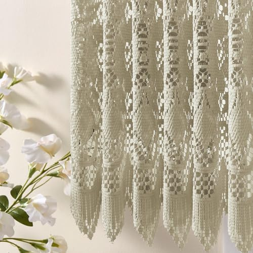 Khaki Boho Valance Curtain for Living Room Farmhouse Crochet Short Lace Curtain for Bedroom Cafe Decor Rustic Cottage Light Filtering Eyelet Window Valance for Dining Room 1 Panel, 60 Wx16 L