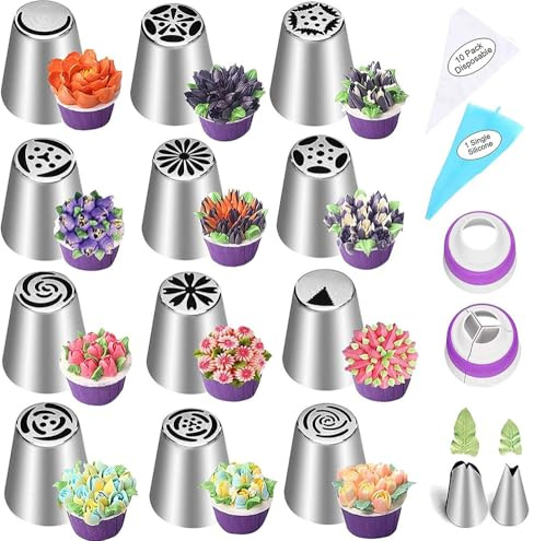 27 Pieces Russian Piping Tips Set Cake Decorating Supplies Kit, Reusable Including 12 Cupcake Flower Frosting Nozzles Icing Dispensers Leaf Tips 2 Coupler 11 Piping Pastry Bags