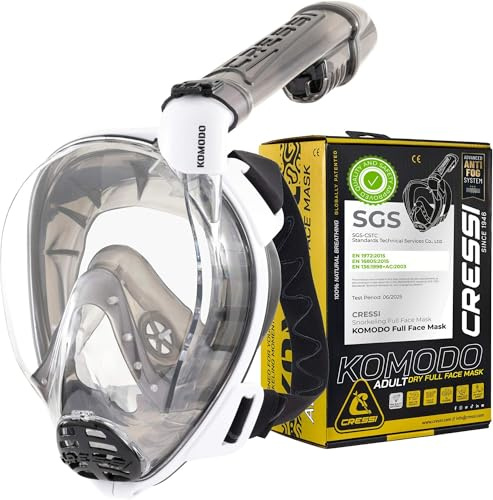 CRESSI dal 1946-Komodo Full Face Maschera Integrale Dry da Snorkeling Visione a 180°-CO2 Sicuro-Silicone 100% Anti Appannamento-Snorkel Laterale-Cinghie Elastiche Regolabili- Bianco/Nero-S/M