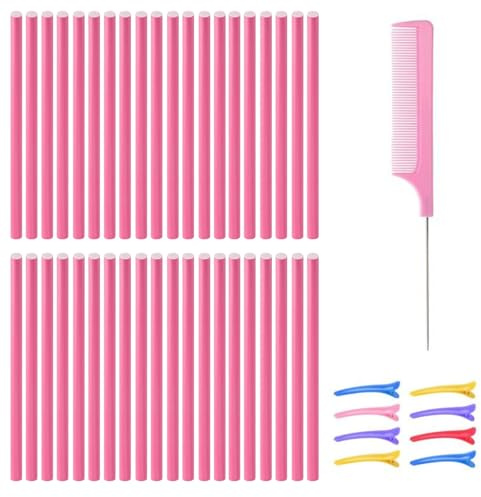 Kit de 40 Bigoudis Sans Chaleur, 1 Peigne Queue d’Acier, 8 Pinces Couleurs Aléatoires, Mousse Souple, Flexible, pour Cheveux Mi-Longs à Longs, Usage Nocturne, Chambre, Voyage (Rose)