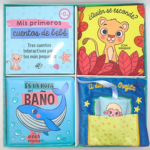 Mis primeros cuentos de bebé - Tres cuentos interactivos para los más pequeños: ¡Un libro de tela con solapas, un libro de tela con un juguete y un ... y un libro para el baño con tinta mágica!