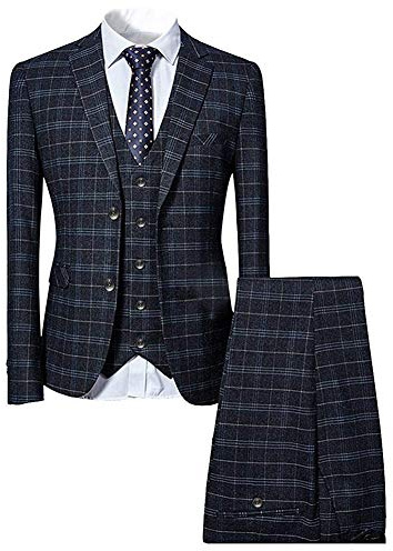 Mens 3 Piece Slim fit Checked Suit Blue/Black Single Breasted Vintage Suits,Medium,Black