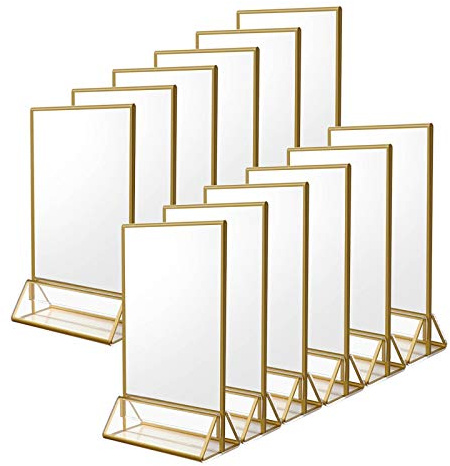 NIUBEE 12Pack 5 x 7 Clear Acrylic Wedding Table Number Holder Stands with Gold Borders, Double Sided Gold Picture Frames Sign Holder for Restaurant Table Menu Recipe Cards Photo Display
