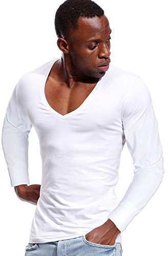 Deep V Neck Shirts Men Long Sleeve Stretch T-Shirt Low Cut Undershirts Tees