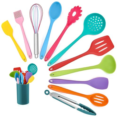 Homikit Köksredskapsset, 12 delar, köksredskap i silikon, värmebeständiga köksbestickset med redskapshållare, hälsosam och non-stick, diskmaskinssäker