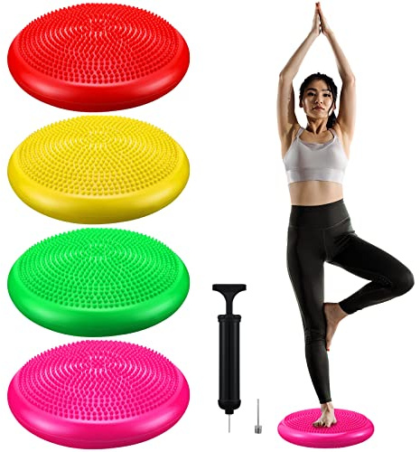 Sotiff 4 Pcs Inflated Wobble Cushion Flexible Wiggle Seat 14” L x 3.2” H Stability Balance Disc with Pump for Sensory Adult Physical Exercise Equipment(Green, Yellow, Pink, Red)