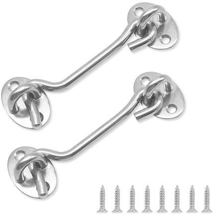 haierdidi Storm Hooks, Pack of 2 with Eyelets, Stainless Steel Cabin Hooks, Door Hooks for Gate, Garage, Fence, Window or Shed with 8 Mounting Screws