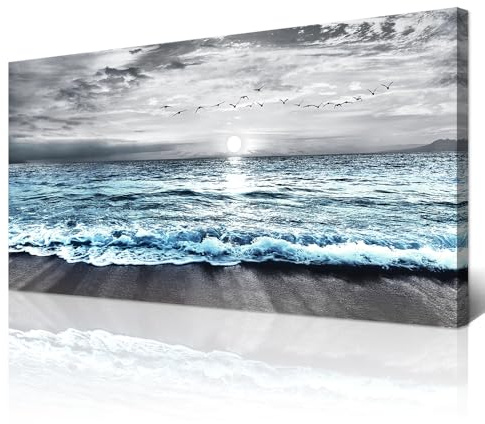 Wapluam Large Canvas Wall Art For Living Room Wall Decor For Bedroom Office Wall Decorations Black And White Painting Blue Sea Wave Pictures Artwork For Modern Stretched and Framed Beach Posters