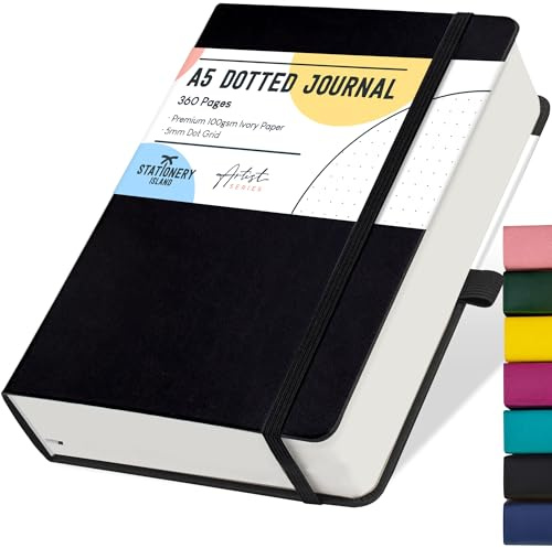 STATIONERY ISLAND Bullet Dotted Journal A5, Notizbuch Dotted, 100 g/m² Dickes Papier, 360 Seiten, Hardcover-Tagebuch mit Stifthalter, Innentasche, 2 Lesezeichen