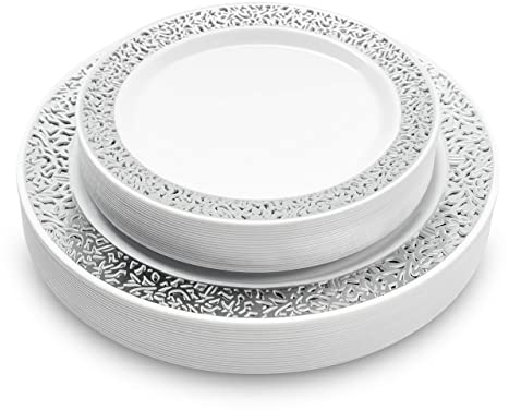 MATANA 80 Premium White Plastic Plates with Silver Lace Rim - 40 26cm Dinner Plates, 40 19cm Dessert Plates - Elegant & Reusable Party Tableware for Weddings, Birthdays, BBQ, Parties