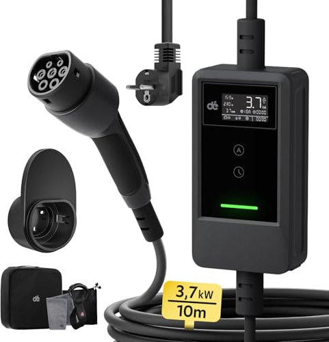 dé Ladekabel Elektroauto Typ 2 Schuko 3,7kW [10m, 6-16A] EV Charger Mit Kabelhalter und digitalem LCD - EV Ladegerät für e Auto Model 3/Y, ID.3/4/5, MG4, Q4, GLA, Zoe und Anderen PHEV/EV