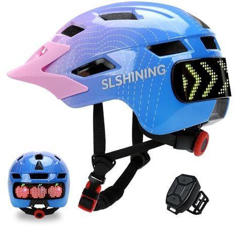 Fahrradhelm Kinder Jungen Mädchen LED Licht Anzeige mit Abbiegesignale, Helm Kinder mit Wireless Controller, EPS Liner | Abnehmbare Sonnenblende | Einstellbare | Leichte Kinderhelm (Pink)